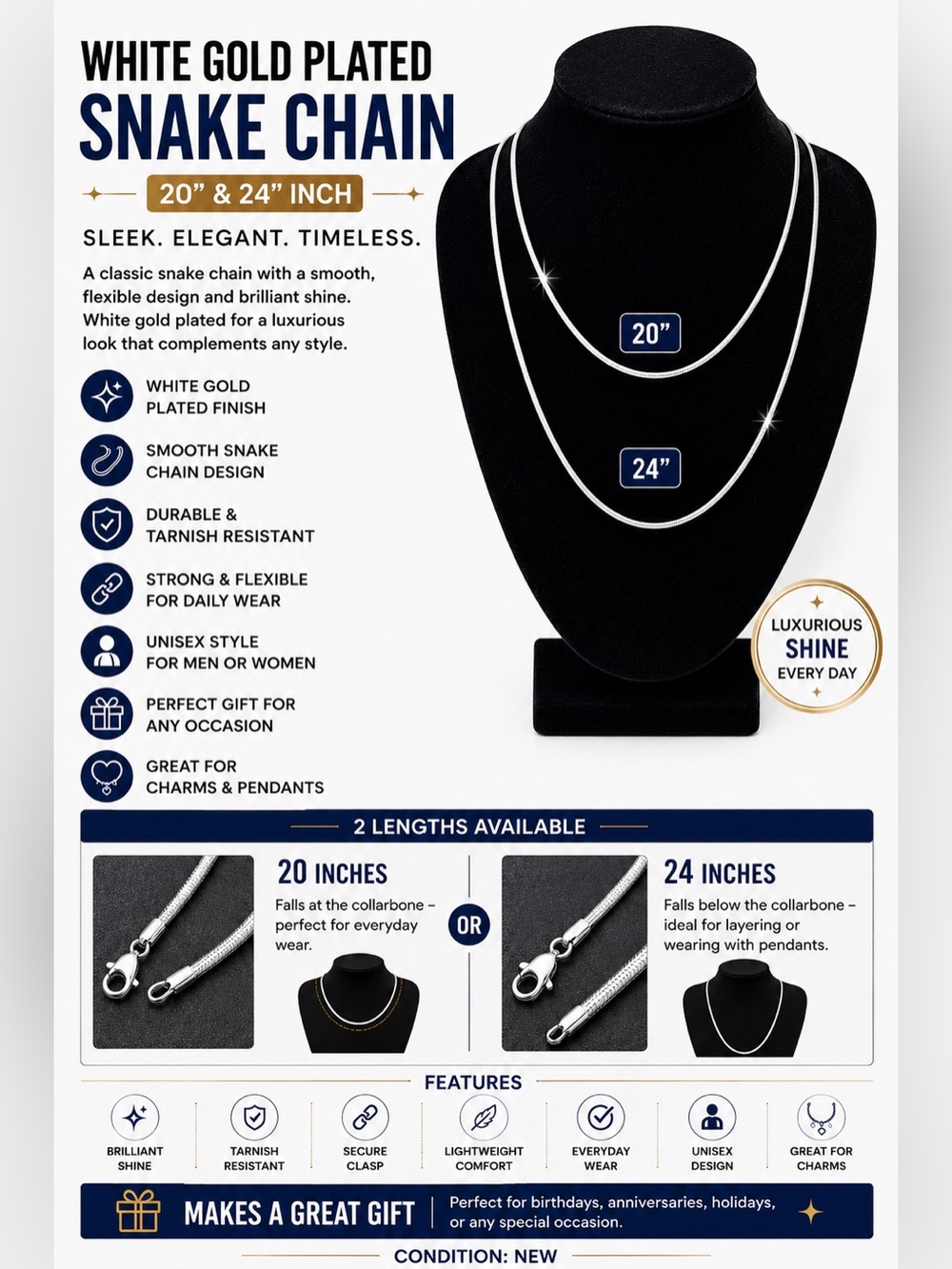 White Gold Plated Snake Chain Necklace - White Gold Color